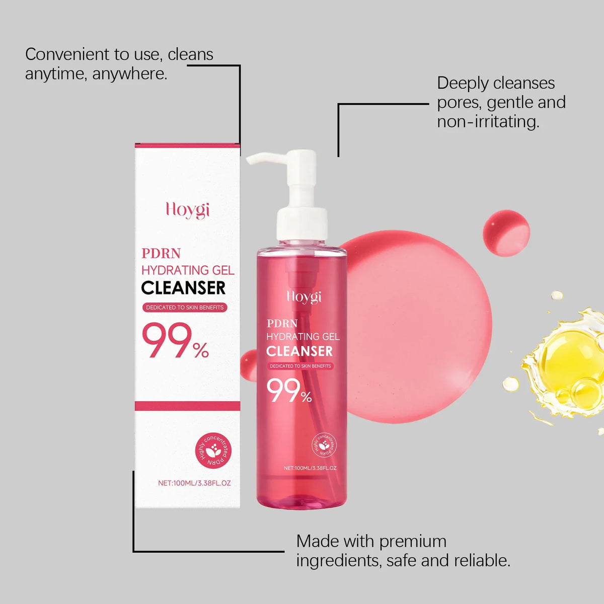 Hoygi PDRN Hydrating Gel Cleanser bottle with pump beside white Hoygi box pink bottle on Tampa Home & Garden Store
