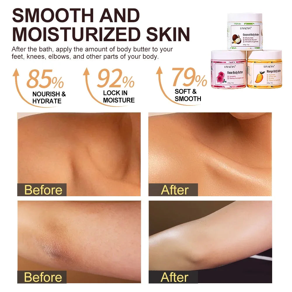 Silcy Skin Shea Body Butter coconut rose mango jars; before and after arm skin photos on Tampa Home & Garden Store