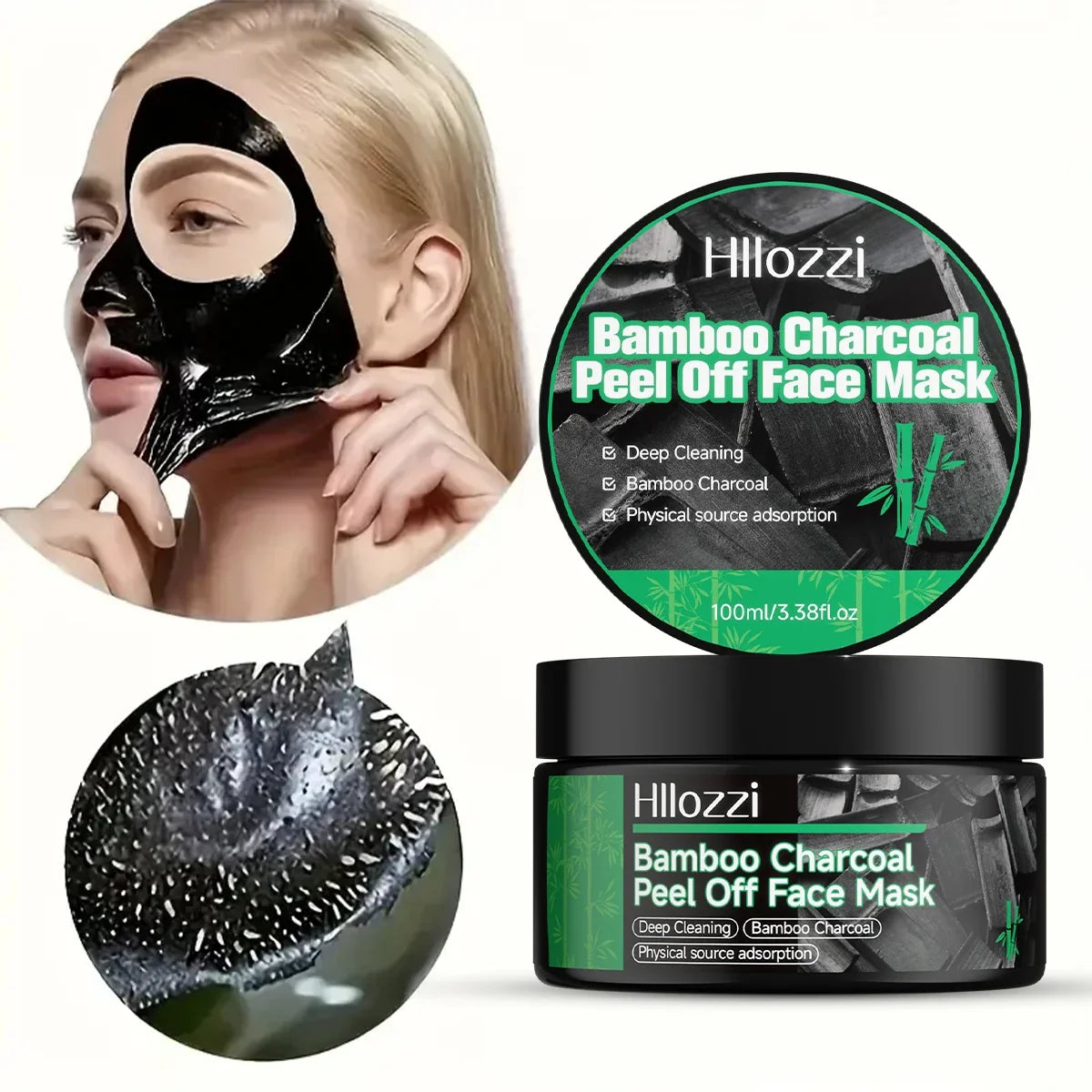 Hillozzi Bamboo Charcoal Peel Off Face Mask jar black peel-off mask 100 ml deep cleansing on Tampa Home & Garden Store