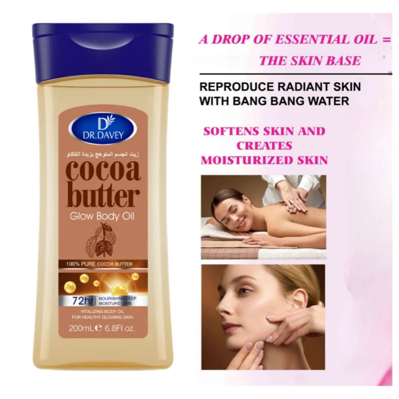 Cocoa Butter Glow Body Oil bottle with blue cap, 200mL, nourishing moisture by Dr. Dravey on Tampa Home & Garden Store
