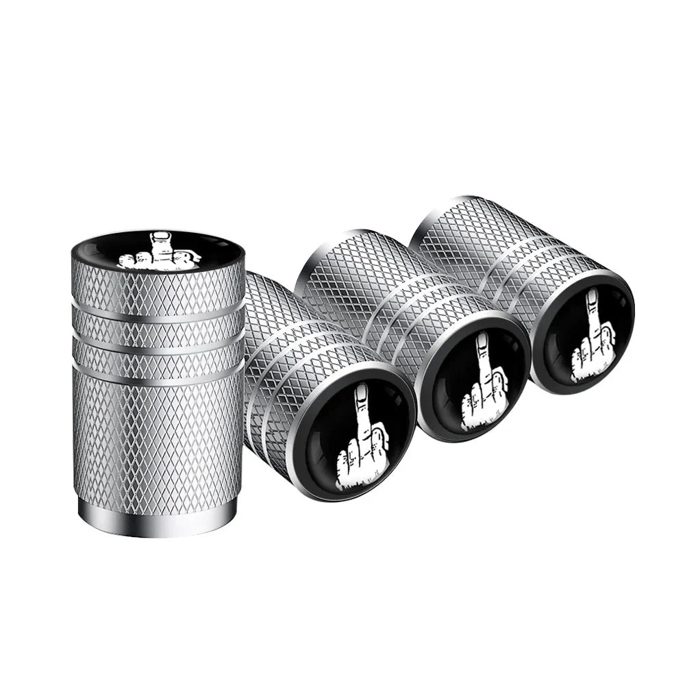 4pcs silver knurled valve stem caps by BikerZoneZ, metal finish with black emblem on caps on Tampa Home & Garden Store