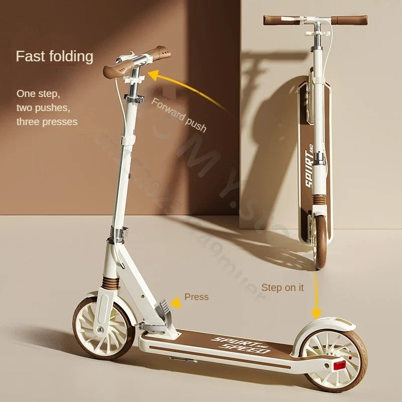 Foldable Kick Scooter for Kids & Adults – white frame, brown deck, two-wheel dual UpTrend Deals on Tampa Home & Garden Store