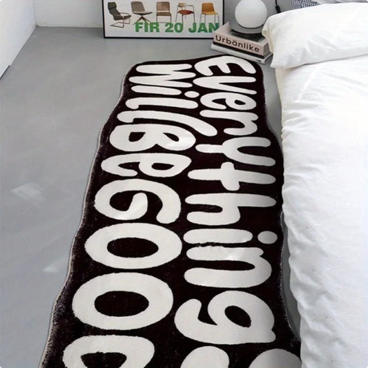 VIKAMA Everything Will Be Good carpet rug with bold white lettering on black bedside mat on Tampa Home & Garden Store