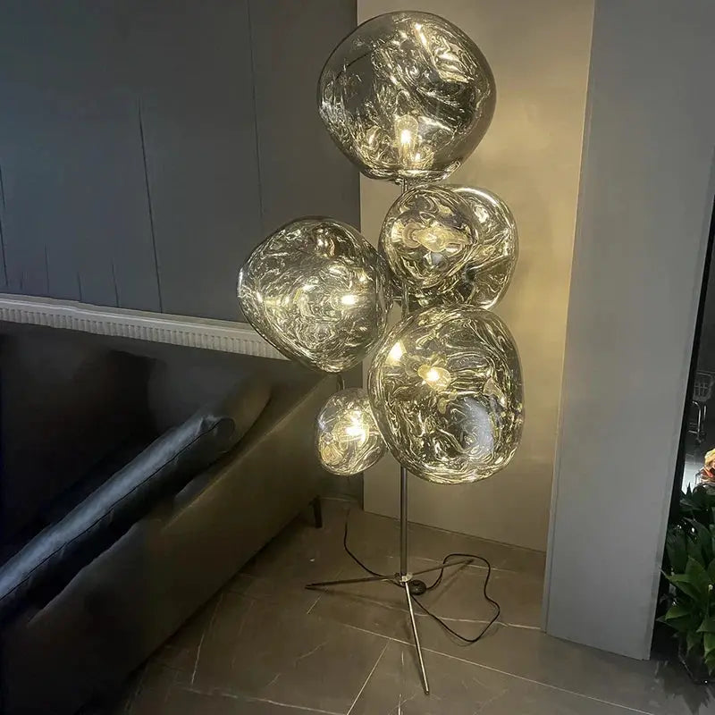 DecorBites LED lava floor lamp with clear glass orbs on a chrome tripod base minimal lighting on Tampa Home & Garden Store