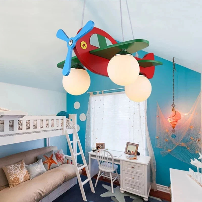 DecorBites Kids Wood Airplane Chandelier with blue propeller and three LED globe bulbs on Tampa Home & Garden Store