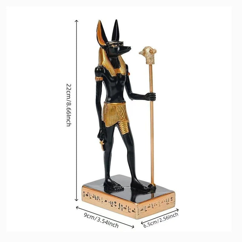 Anubis statue resin figurine black with gold accents, Egyptian god of death staff atop base on Tampa Home & Garden Store