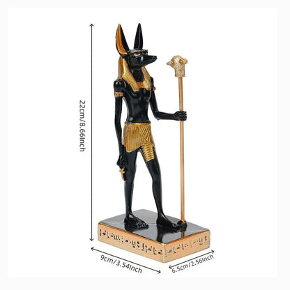 Anubis statue resin figurine black with gold accents, Egyptian god of death staff atop base on Tampa Home & Garden Store