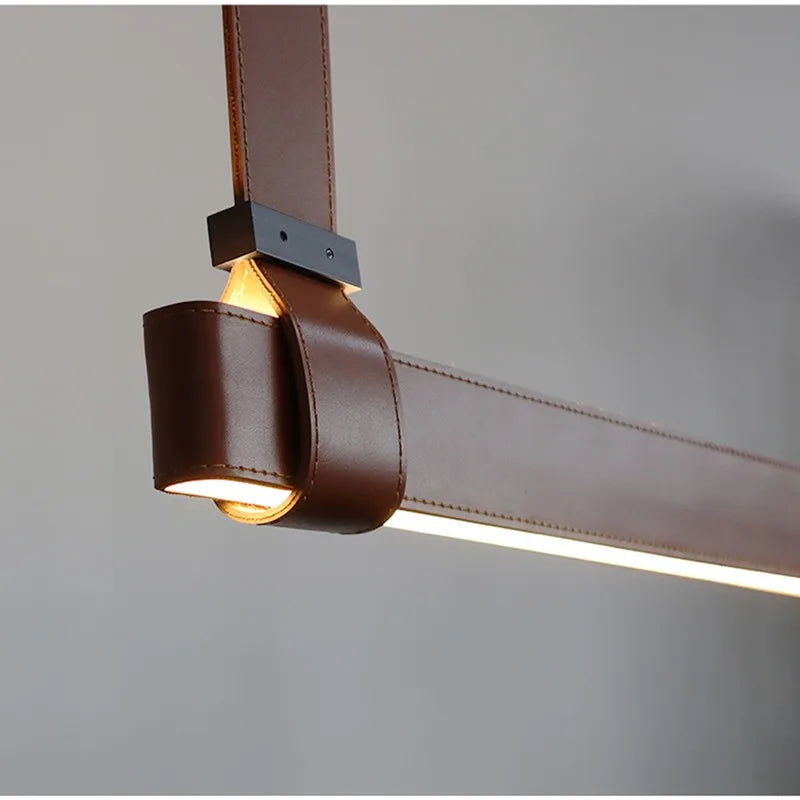 DecorBites LED Art Deco chandelier bar light with brown leather wrap, warm glow on Tampa Home & Garden Store