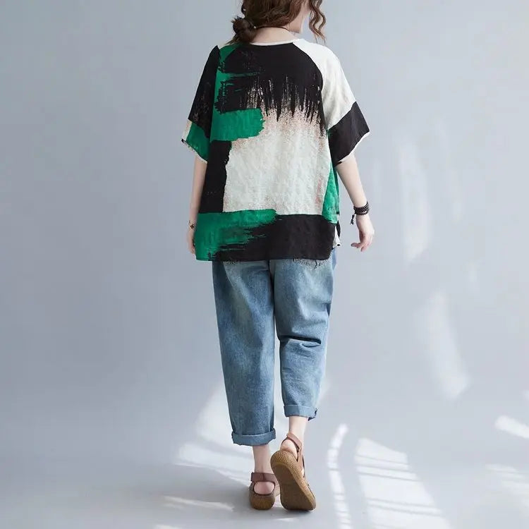 Women Summer T-shirt loose cotton-linen short sleeve top with green black print by UpTrend on Tampa Home & Garden Store
