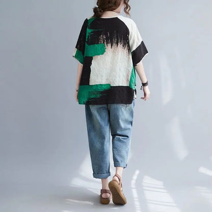 Women Summer T-shirt loose cotton-linen short sleeve top with green black print by UpTrend on Tampa Home & Garden Store