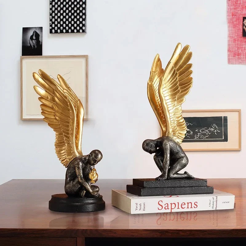 Angel Wings statue set of 2 in resin with golden wings, modern abstract decor on Tampa Home & Garden Store