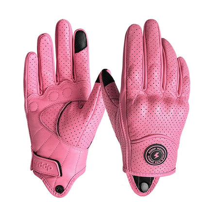 Pink vintage real leather motorcycle gloves perforated breathable touch screen ready on Tampa Home & Garden Store