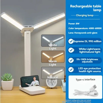 Dual Head LED Desk Lamp | USB Rechargeable Foldable Dimmable Study Reading Light