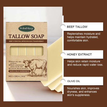 Beef tallow soap bar in kraft box with WoodSleep logo and three beige slabs; by Silcy Skin on Tampa Home & Garden Store