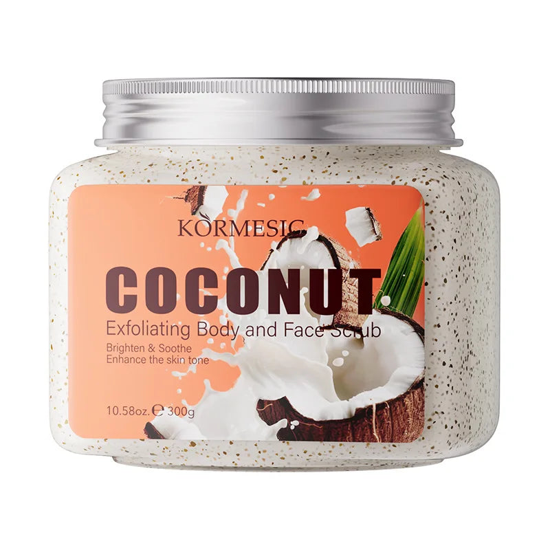 Coconut exfoliating body and face scrub jar by KORMESIC, speckled jar with silver lid on Tampa Home & Garden Store