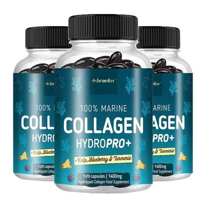 Silcy Skin HydroPro+ 100% Marine Collagen supplement bottles, three teal label, 120 capsules each on Tampa Home & Garden Store
