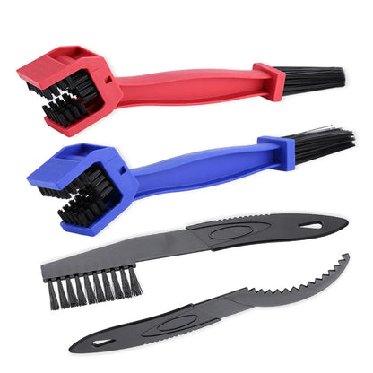 Portable Chain Cleaner Kit by BikerZoneZ with red and blue dual-brush handles and two blades on Tampa Home & Garden Store