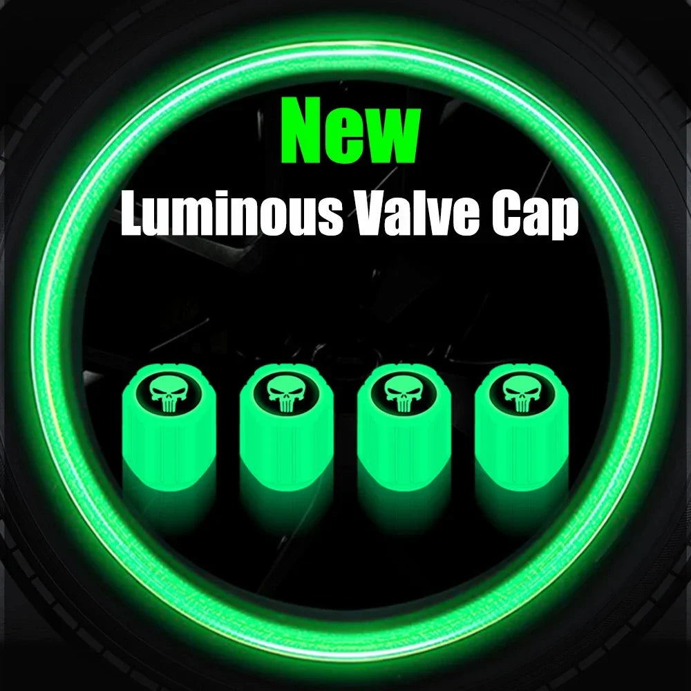 4pcs luminous valve stem caps in neon green with skull emblem by BikerZoneZ on Tampa Home & Garden Store