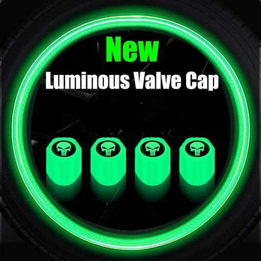 4pcs luminous valve stem caps in neon green with skull emblem by BikerZoneZ on Tampa Home & Garden Store