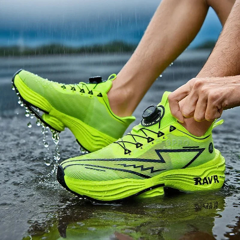 Running Shoes neon lime-green with carbon plate and dial lace system on wet pavement on Tampa Home & Garden Store