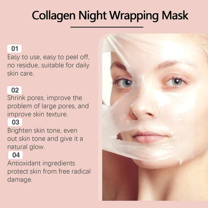 Silcy Skin Collagen Night Wrapping Mask transparent sheet mask on a woman for hydration on Tampa Home & Garden Store