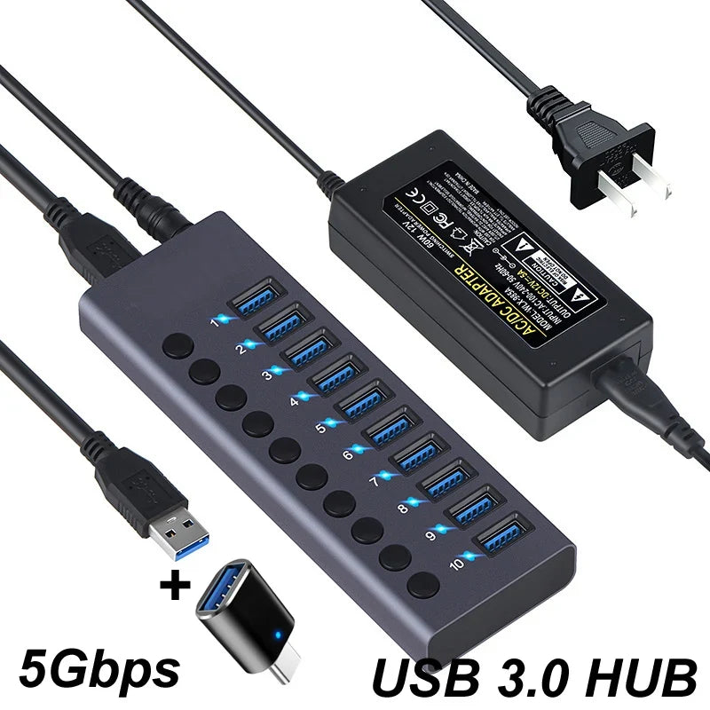 10-port USB 3.0 hub by UpTrend Deals with 60W power adapter and blue LED indicators on Tampa Home & Garden Store