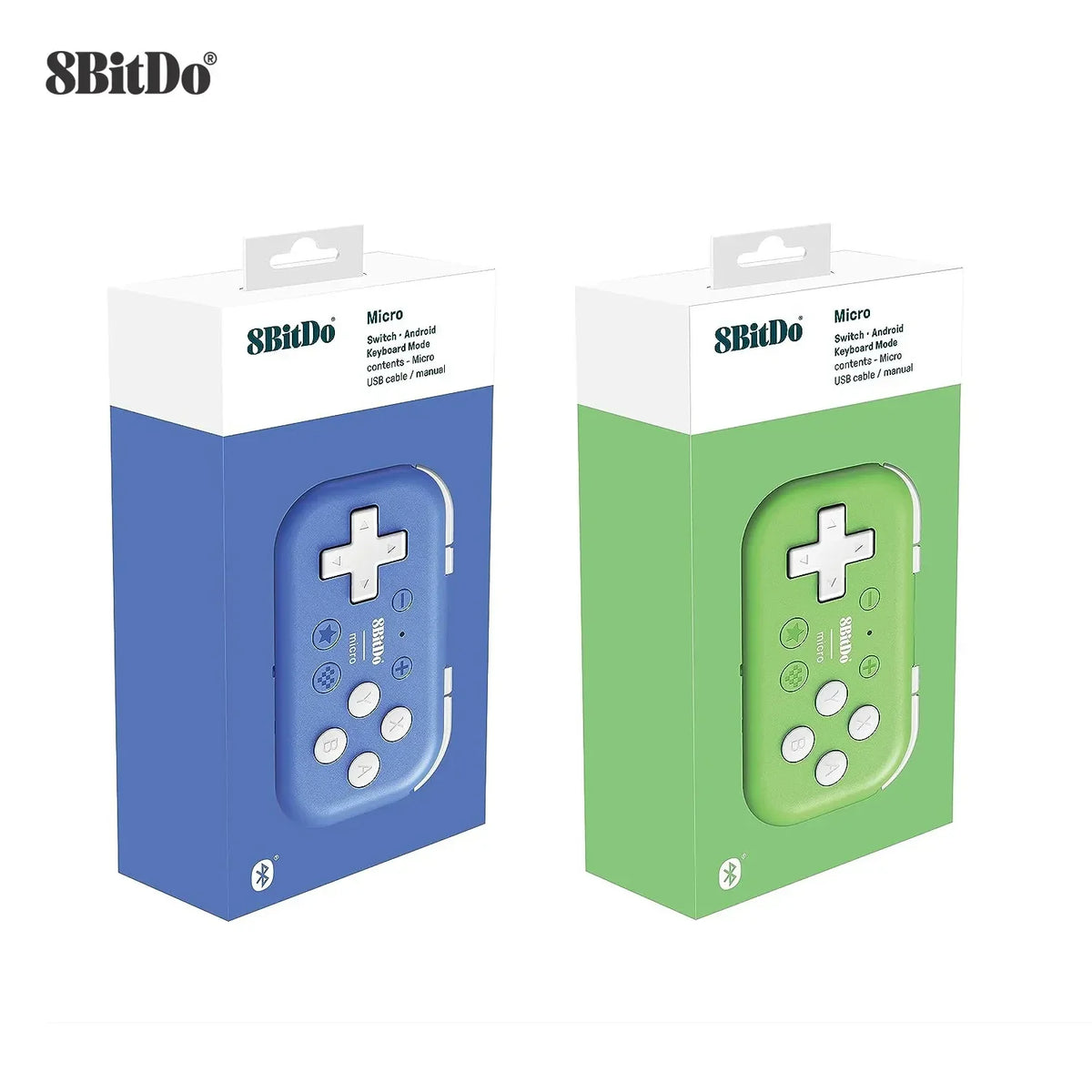 Two 8BitDo Micro Bluetooth gamepad boxes in blue and green, pocket-sized Switch/Android controller packaging on Tampa Home & Garden Store