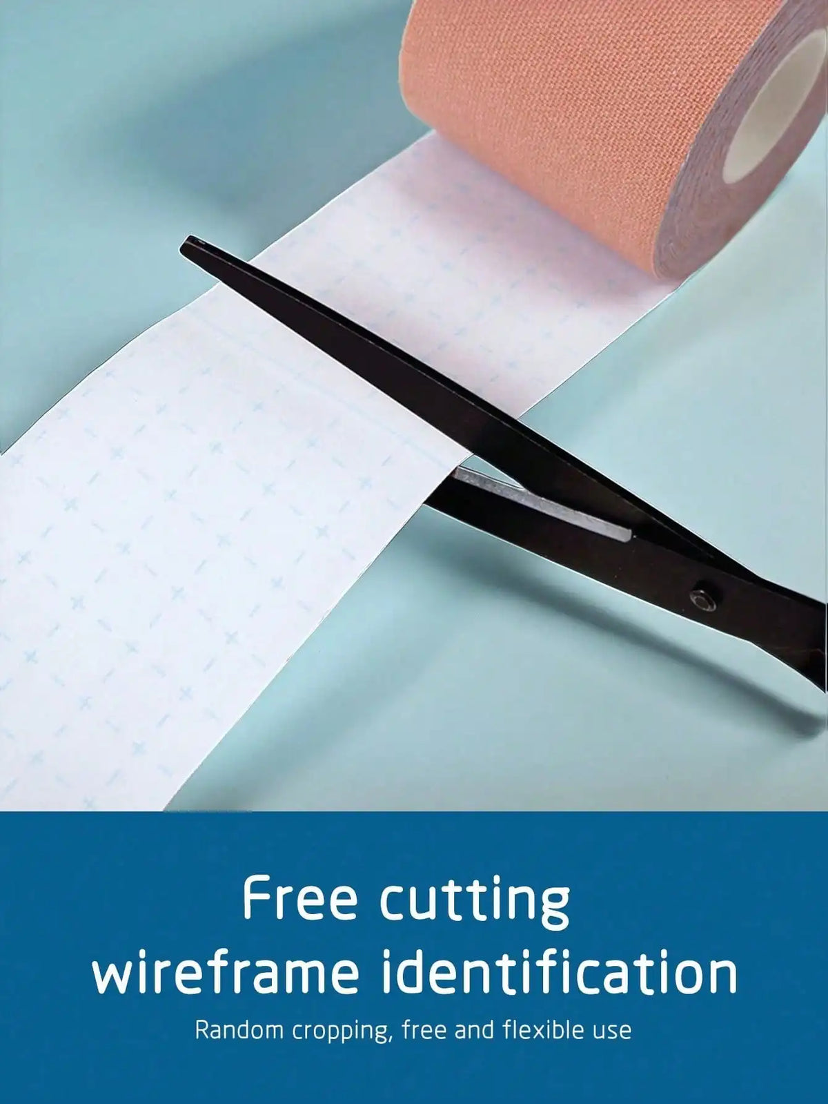 Invisible Chest Lifting Tape peach roll being cut with scissors on white sheet on Tampa Home & Garden Store