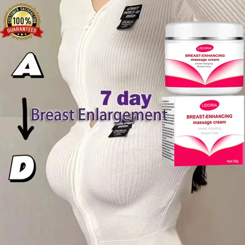 Breast-enhancing massage cream jar and box by Lidoria, on model in white ribbed top on Tampa Home & Garden Store