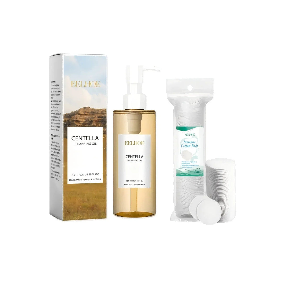 Silcy Skin Centella cleansing oil bottle with gold pump beside its box and cotton pad pack, 3pc set on Tampa Home & Garden Store