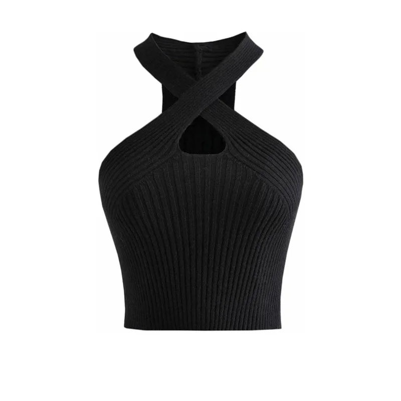 Women's halter crop top black knitted ribbed fabric with crisscross straps UpTrend Deals on Tampa Home & Garden Store