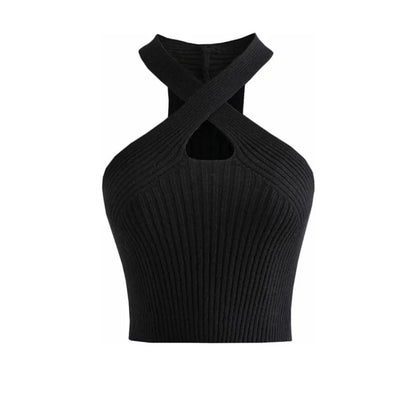 Women's halter crop top black knitted ribbed fabric with crisscross straps UpTrend Deals on Tampa Home & Garden Store