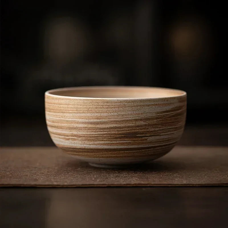 Japanese matcha tea bowl with natural wood-grain ceramic glaze on Tampa Home & Garden Store