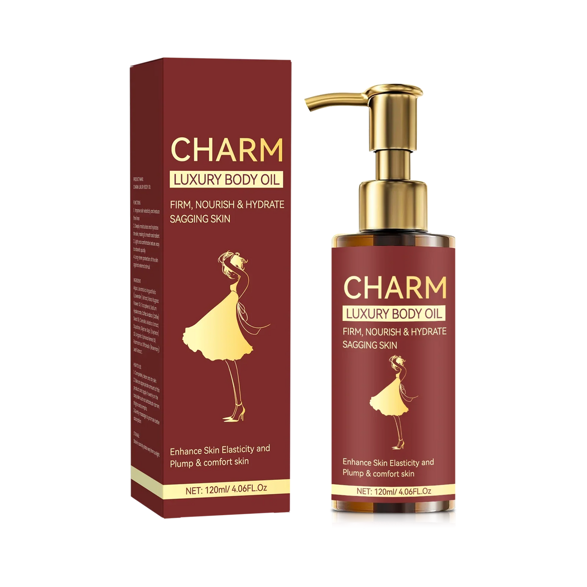 Charm Luxury Body Oil bottle and burgundy box with gold pump, Silcy Skin 120ml on Tampa Home & Garden Store