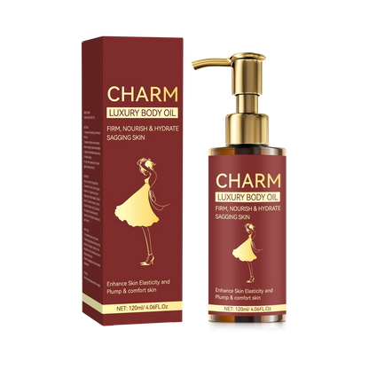 Charm Luxury Body Oil bottle and burgundy box with gold pump, Silcy Skin 120ml on Tampa Home & Garden Store