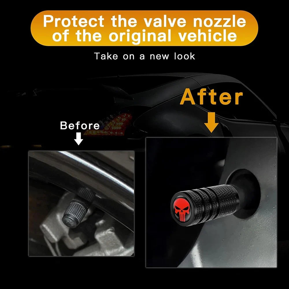 valve caps 4-pack skull design by BikerZoneZ, knurled black metal with red skull emblem on Tampa Home & Garden Store