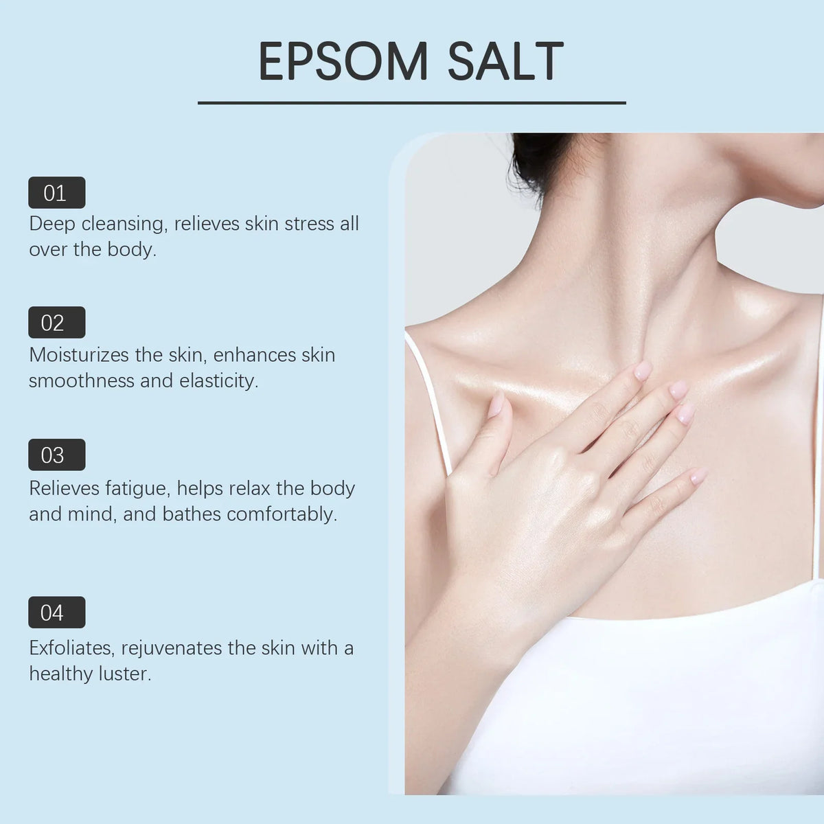 Silcy Skin Epsom Salt magnesium sulfate exfoliating bath care, model with smooth neck on Tampa Home & Garden Store