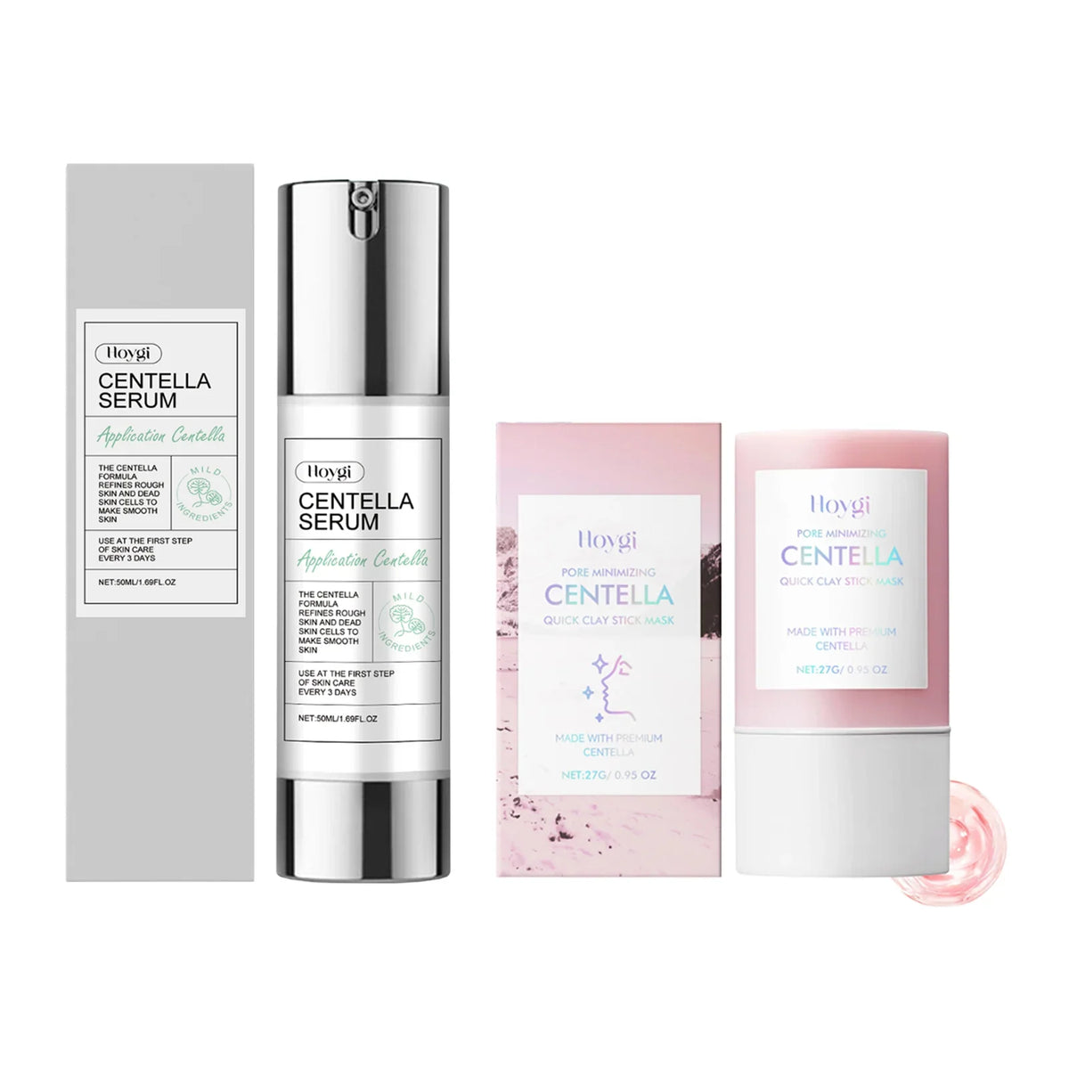 Hoygi Centella Serum with silver pump beside pink Centella clay mask sachets; 4-piece set on Tampa Home & Garden Store