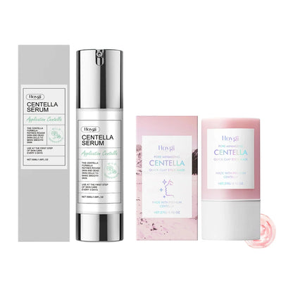 Hoygi Centella Serum with silver pump beside pink Centella clay mask sachets; 4-piece set on Tampa Home & Garden Store
