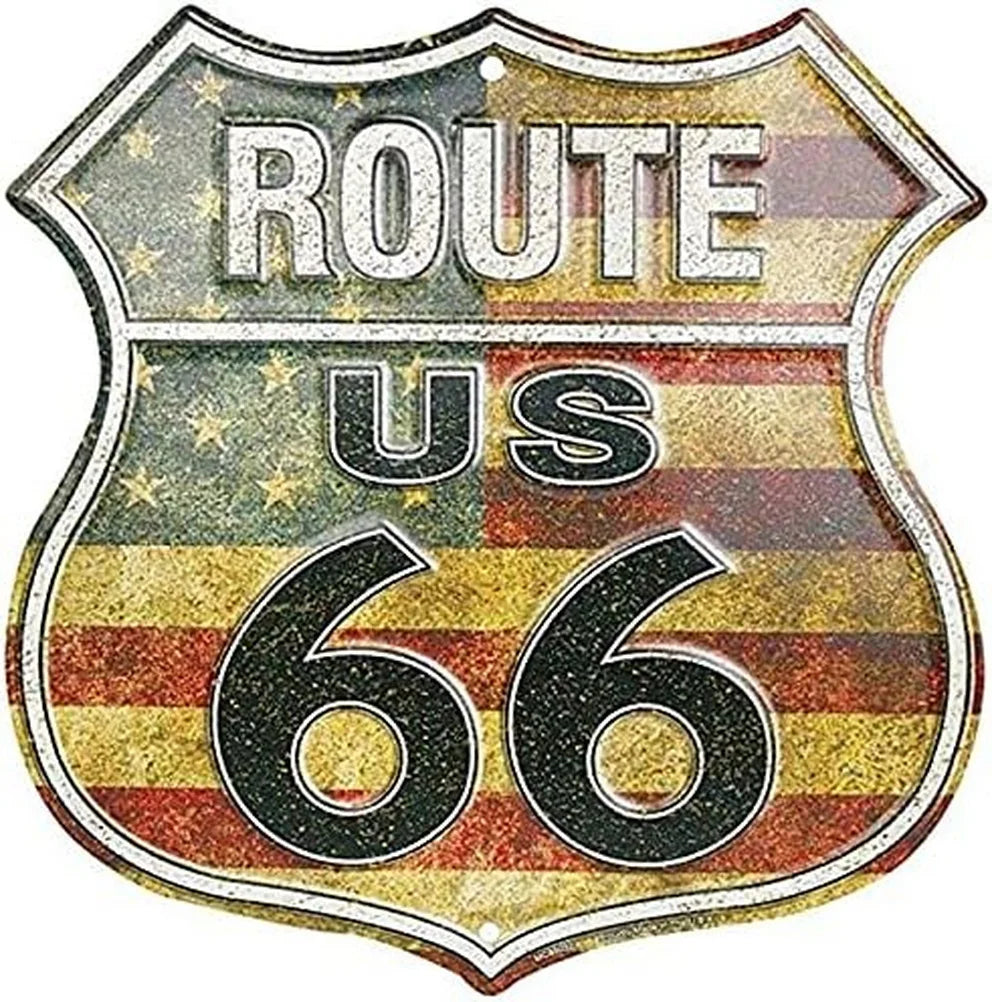 Route 66 shield metal tin sign with distressed American flag motif by BikerZoneZ on Tampa Home & Garden Store