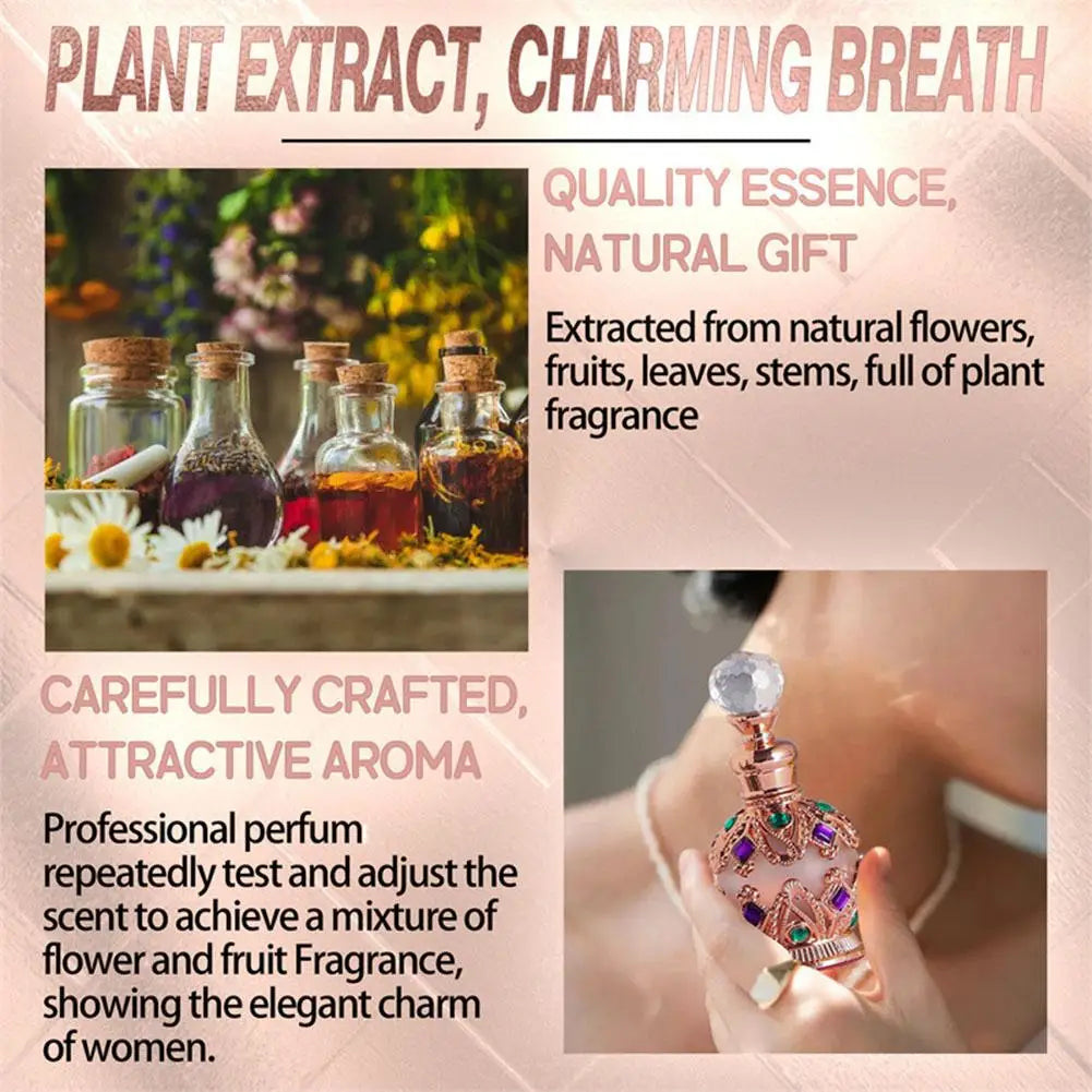 Exotic Arabian perfume bottle with ornate jeweled stopper amid a floral fragrance display on Tampa Home & Garden Store