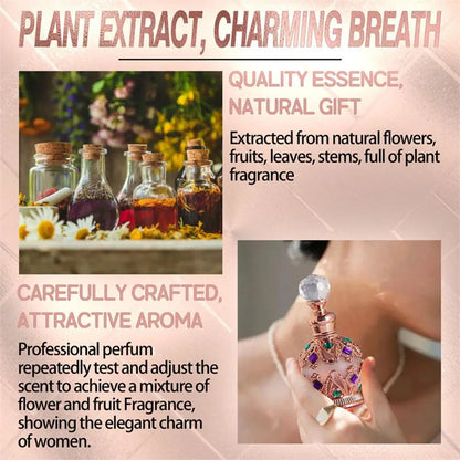Exotic Arabian perfume bottle with ornate jeweled stopper amid a floral fragrance display on Tampa Home & Garden Store