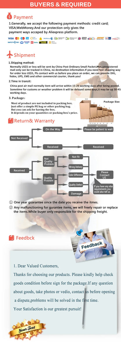 Fashion wireless keyboard and mouse set infographic payment, shipping, returns, and feedback on Tampa Home & Garden Store