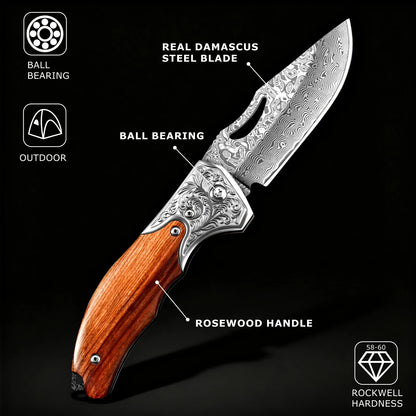 67 Layer Damascus Folding Knife with Wood Handle