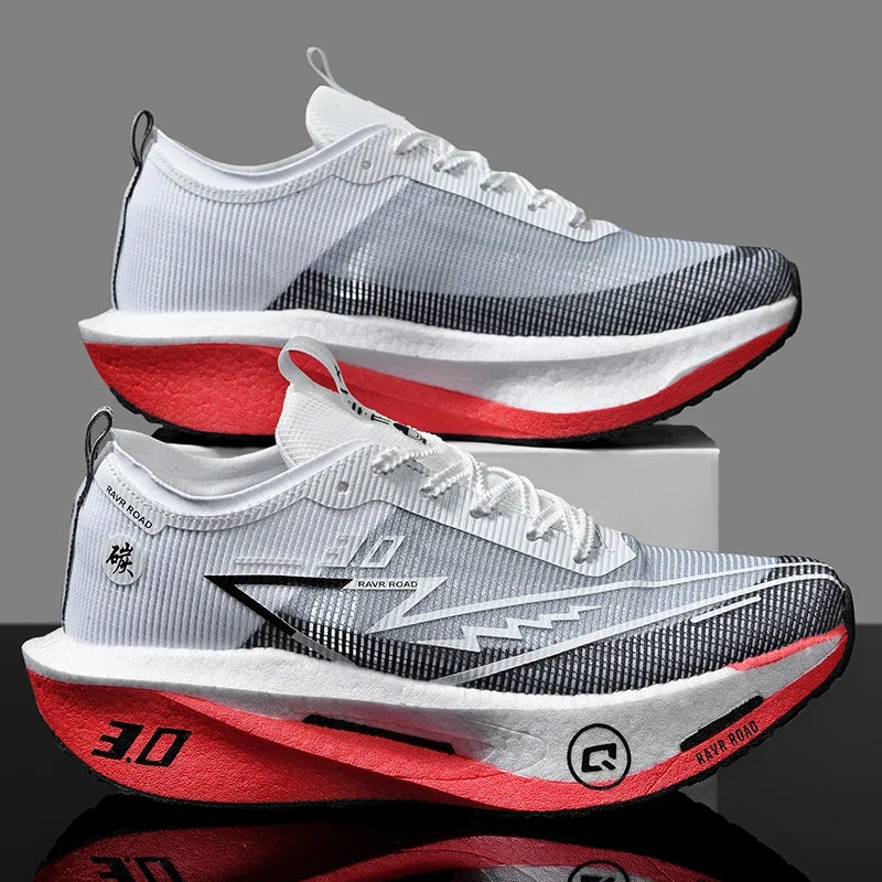 Men's EstaliosFit training sneakers, cushioned mesh upper, white-gray with red midsole pair on Tampa Home & Garden Store