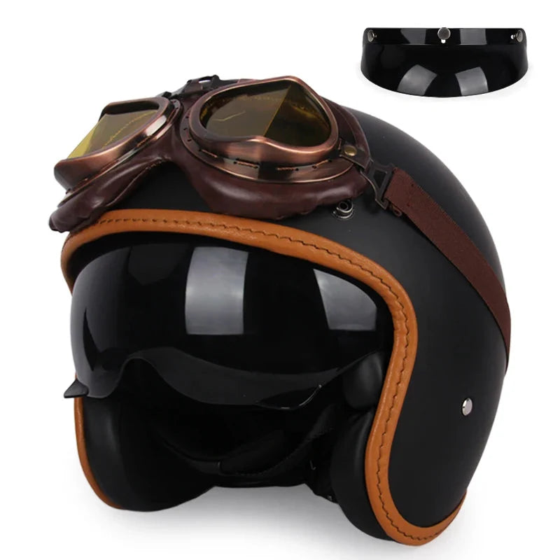 Open-face vintage motorcycle helmet by BikerZoneZ, black shell with tan leather trim and goggles on Tampa Home & Garden Store