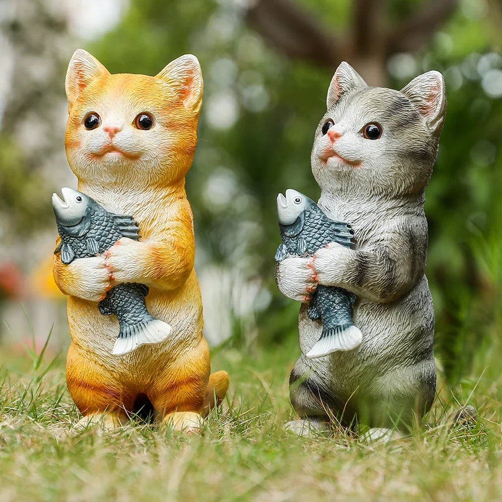 Perfecsy cat garden statues: orange and gray cats holding fish for outdoor yard decor pair on Tampa Home & Garden Store