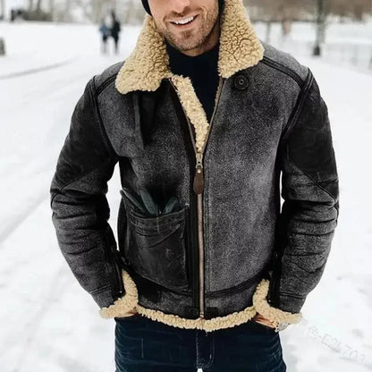 Mens winter jacket with grey body and tan shearling lining, stand collar on Tampa Home & Garden Store