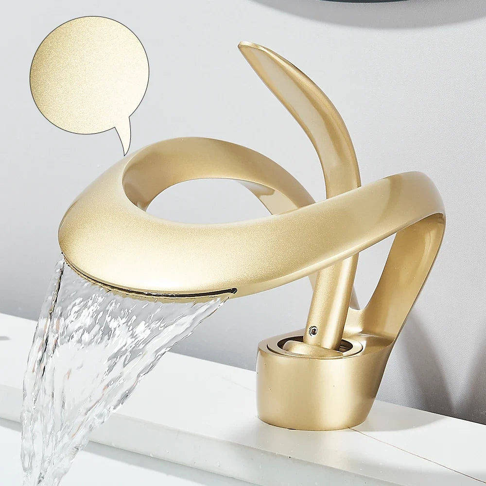 Solid brass waterfall basin faucet with gold finish, single-handle hot/cold mixer by Silcy Skin on Tampa Home & Garden Store