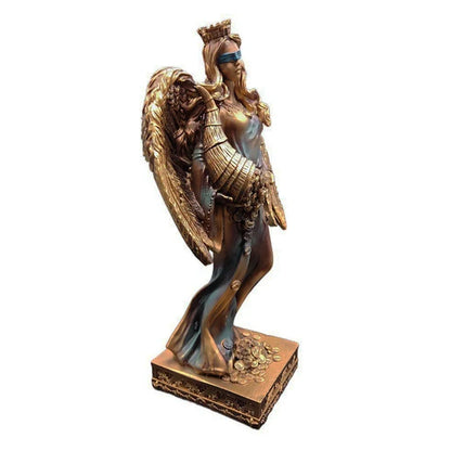 Greek Goddess of Wealth resin statue by Perfecsy with gold wings and blue gown, coins on base on Tampa Home & Garden Store
